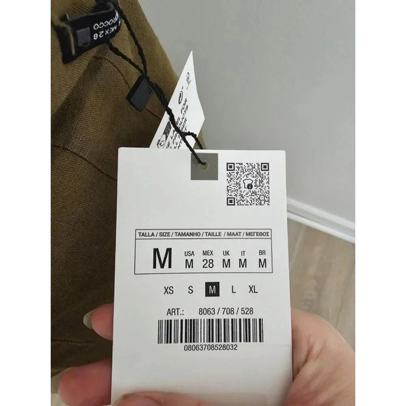 Zara Linen Cotton Blend Slit Faux Button Olive Green Straight Midi Long Skirt M - Picture 10 of 13